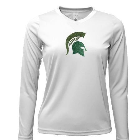 Michigan State Spartans Ladies L/S Poly V-Neck  White w/Grn Glitter Hlmt