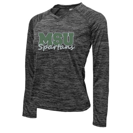 Michigan State Spartans Ladies L/S Poly V-Neck  Forest w/Slvr Glitter Hlmt