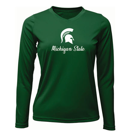 Michigan State Spartans Ladies L/S Poly in Forest w/ white helmet script