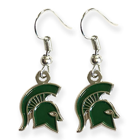 Michigan State Spartans Earrings Dangle Green Spartan Helmet in Silver