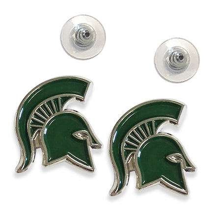 Michigan State Spartans Earrings Post Green Spartan Helmet in Silver